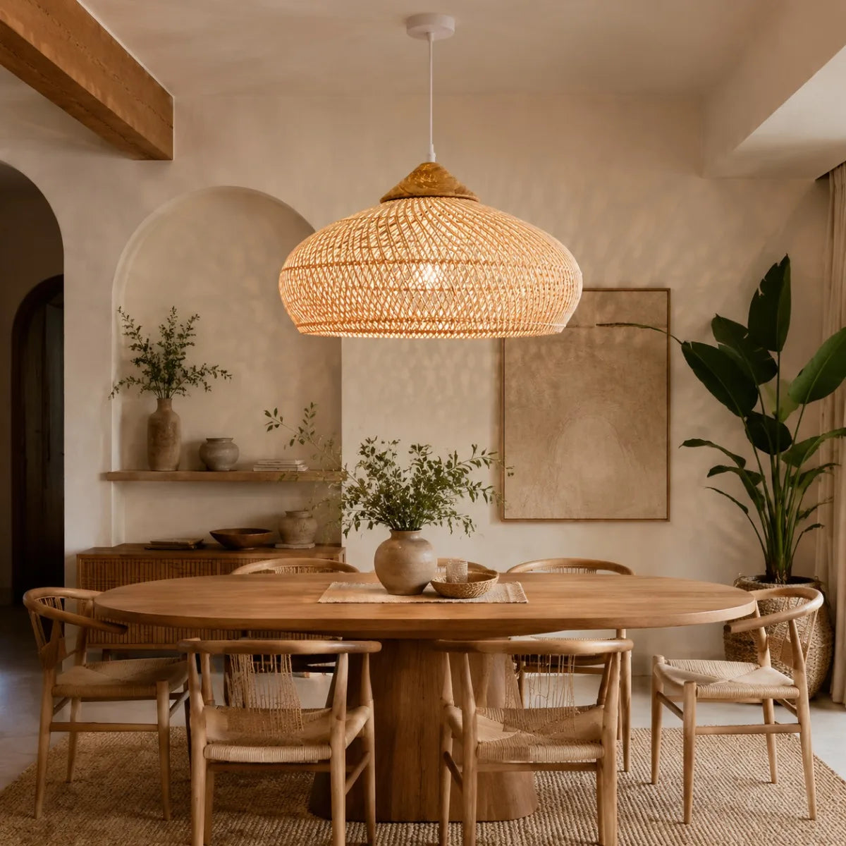Hand-Woven Rattan Pendant Light Fixture, Japanese Style Ceiling Lamp with Natural Rattan Shade, Available in 40x19cm and 60x30cm Sizes for Dining Room, Kitchen Island, Bedroom, Living Room, and Café Decor