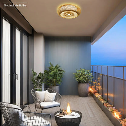 Handwoven Bamboo Rattan Ceiling Light Fixture - Modern Woven Flush Mount Pendant for Living Room, Bedroom, and Kitchen, Compatible with 3X E27 Bulbs