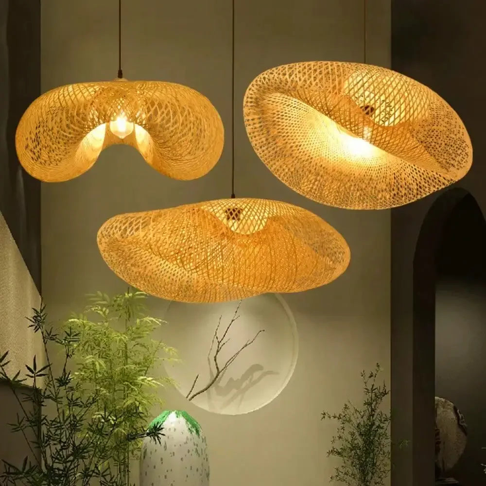 Hand-Woven Bamboo Birds Nest Chandelier - Creative Wave Hat Pendant Light for Hot Pot Restaurants and Hotels (No Bulb Included)