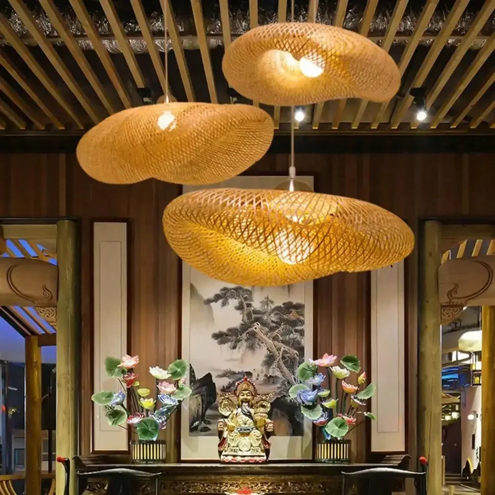 Hand-Woven Bamboo Birds Nest Chandelier - Creative Wave Hat Pendant Light for Hot Pot Restaurants and Hotels (No Bulb Included)