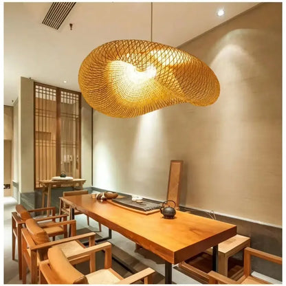 Hand-Woven Bamboo Birds Nest Chandelier - Creative Wave Hat Pendant Light for Hot Pot Restaurants and Hotels (No Bulb Included)