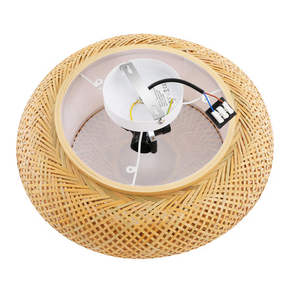 Handwoven Bamboo Rattan Ceiling Light Fixture - Modern Woven Flush Mount Pendant for Living Room, Bedroom, and Kitchen, Compatible with 3X E27 Bulbs