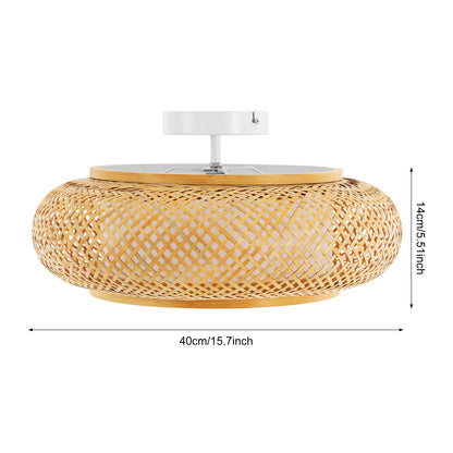 Handwoven Bamboo Rattan Ceiling Light Fixture - Modern Woven Flush Mount Pendant for Living Room, Bedroom, and Kitchen, Compatible with 3X E27 Bulbs