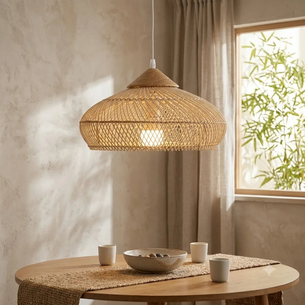 Hand-Woven Rattan Pendant Light Fixture, Japanese Style Ceiling Lamp with Natural Rattan Shade, Available in 40x19cm and 60x30cm Sizes for Dining Room, Kitchen Island, Bedroom, Living Room, and Café Decor