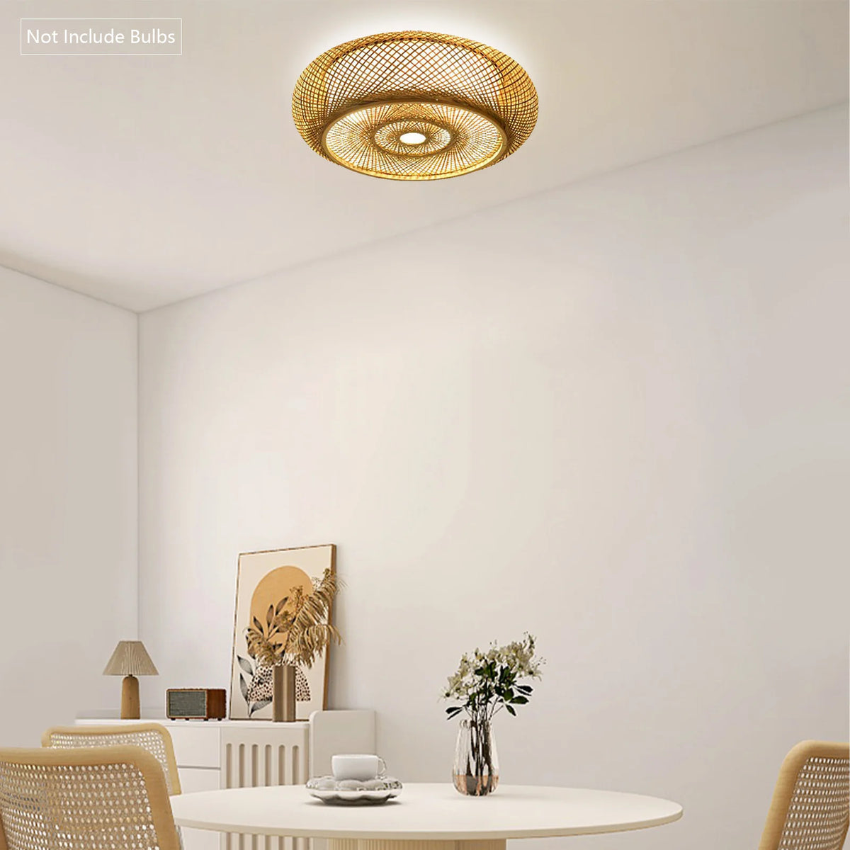 Handwoven Bamboo Rattan Ceiling Light Fixture - Modern Woven Flush Mount Pendant for Living Room, Bedroom, and Kitchen, Compatible with 3X E27 Bulbs