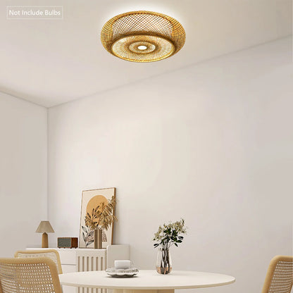 Handwoven Bamboo Rattan Ceiling Light Fixture - Modern Woven Flush Mount Pendant for Living Room, Bedroom, and Kitchen, Compatible with 3X E27 Bulbs