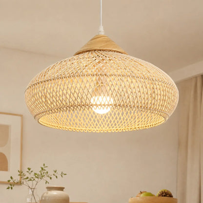 Hand-Woven Rattan Pendant Light Fixture, Japanese Style Ceiling Lamp with Natural Rattan Shade, Available in 40x19cm and 60x30cm Sizes for Dining Room, Kitchen Island, Bedroom, Living Room, and Café Decor